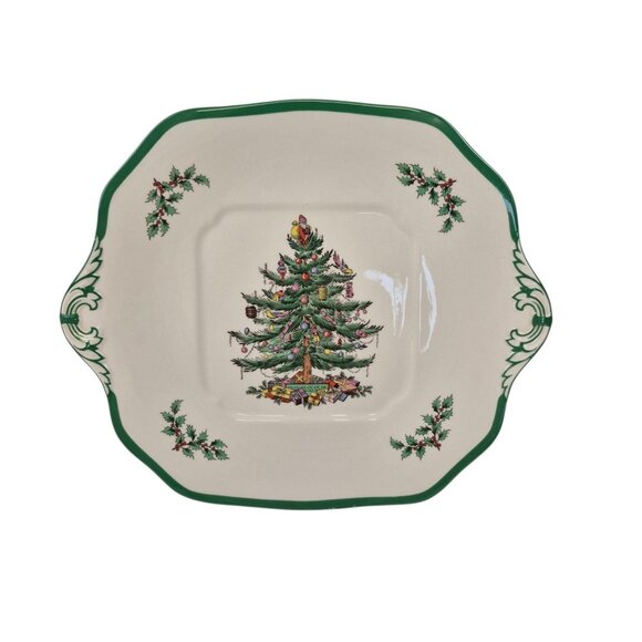 Spode Other - Spode Christmas Tree Handled Cake Plate S3324 V England Green Trim Indent